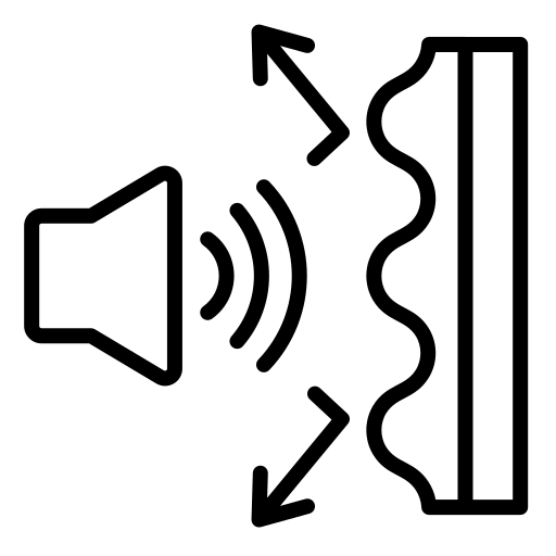 Black line drawing of a speaker and sound wave on a white background | Room Control Authority