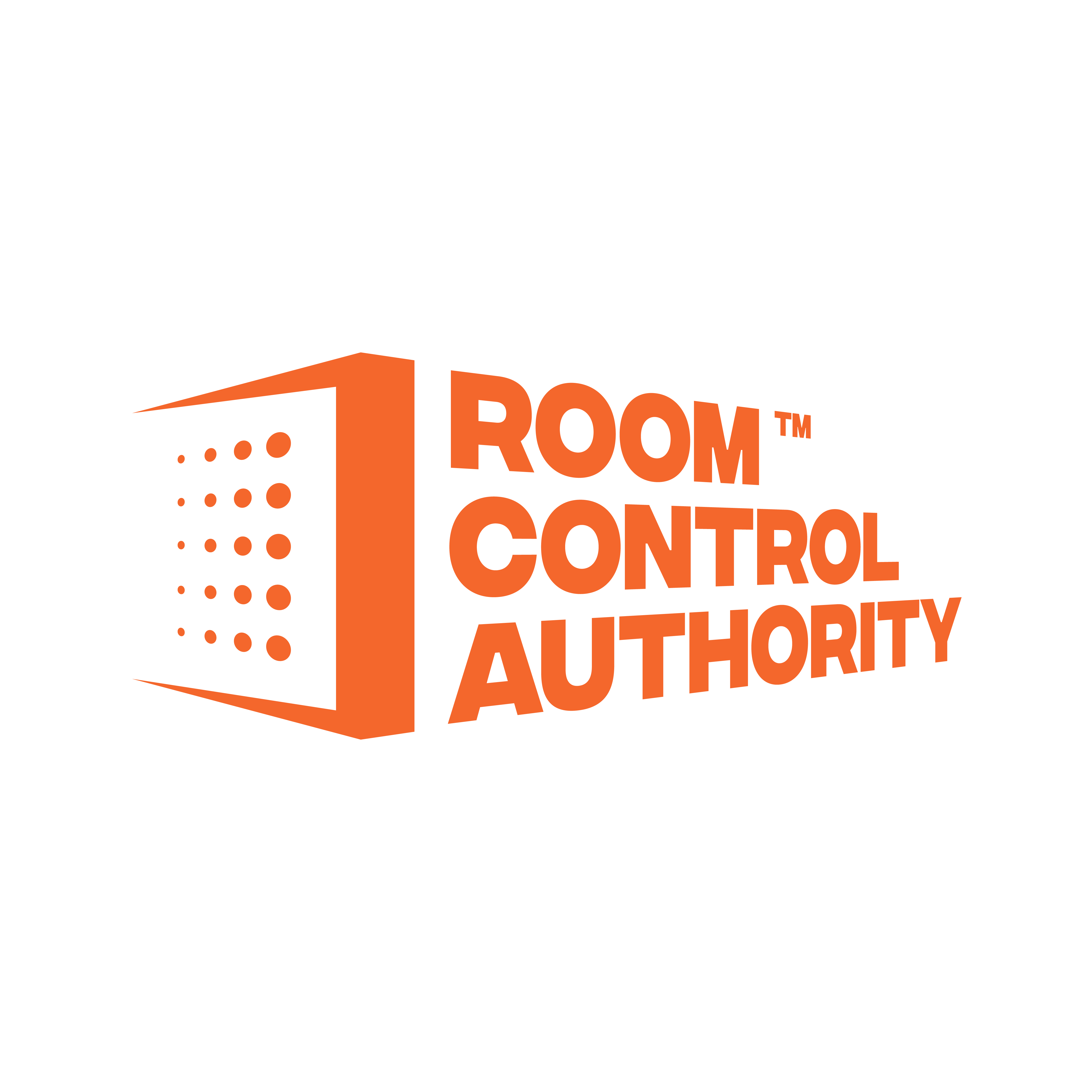 Logo of Room Control Authority with an orange building icon on a white background | Room Control Authority