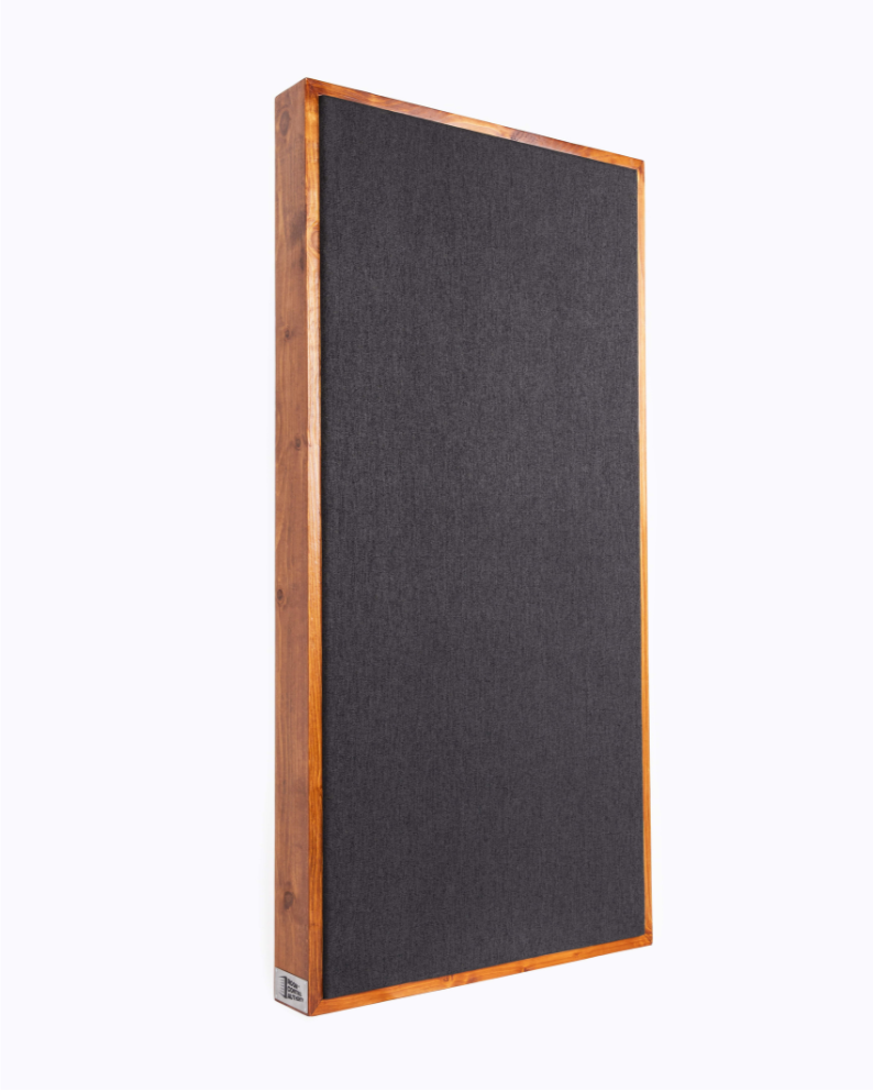Black rectangular acoustic panel with wooden frame on a white background | Room Control Authority