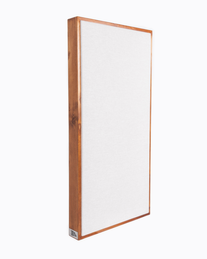 Rectangular white acoustic panel with wooden frame on a white background | Room Control Authority
