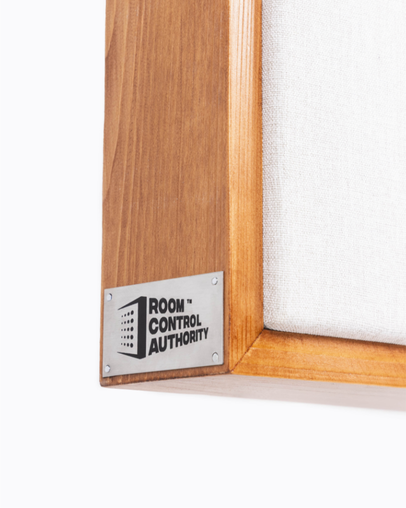 Wooden acoustic frame with a 'Room Control Authority' sign on a white background | Room Control Authority