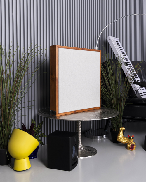 Decorative setup with a speaker, plants, and small objects on a surface against a striped wall | Room Control Authority